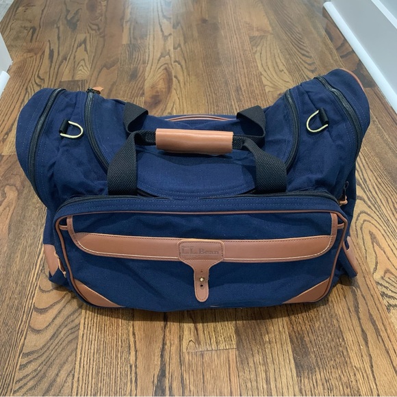 Vintage LL BEAN Navy Blue Canvas Brown Leather Weekender Duffel Bag - Picture 1 of 11